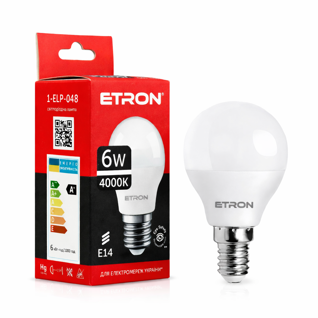 LED лампа 6W E14 G45 220V 4000K ETRON 1-ELP-048 енергозберігаюча, фото 1