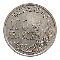 Франція 100 франків, 1955 Мітка монетного двору: "B" - Бомон-ле-Роже