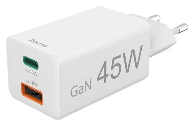 Hama mini GaN 45W PD/QC 1x USB-C, 1x USB-A White, фото 1