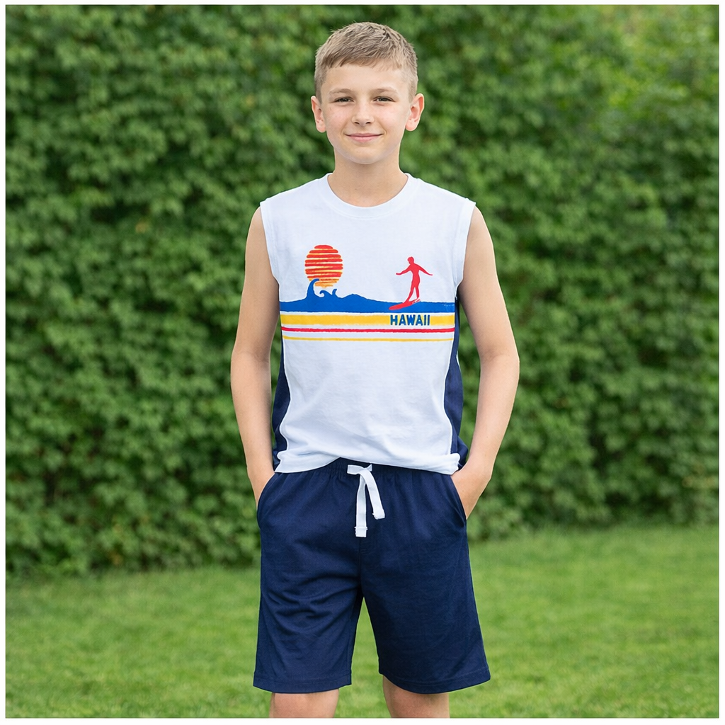 Комплект для хлопчика OVS: майка та шорти, 100% бавовна, білий/синій, розмір 158 (12–13 років), фото 1