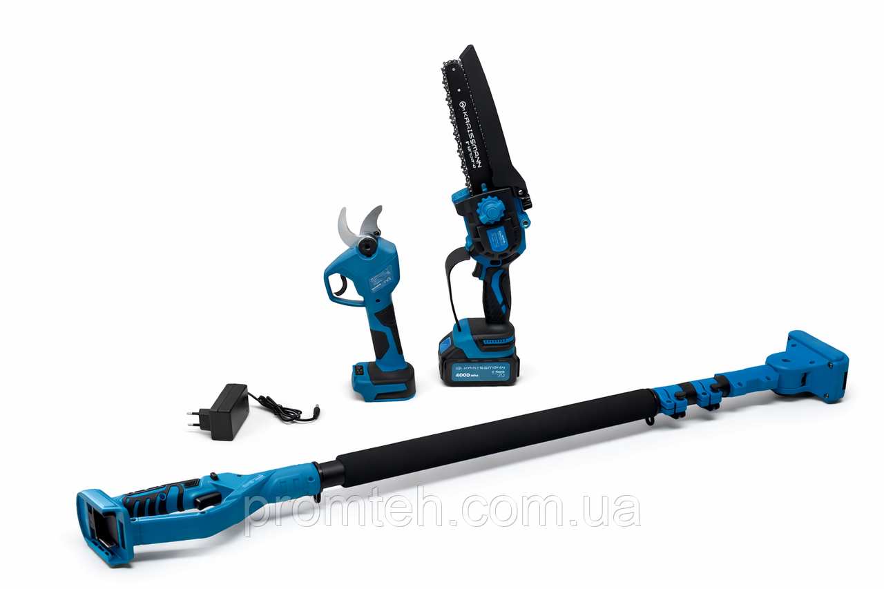 Міні-пила, секатор (30 мм), подовжувач (2.5 м) та акум. 4000 мАг KRAISSMANN, фото 1