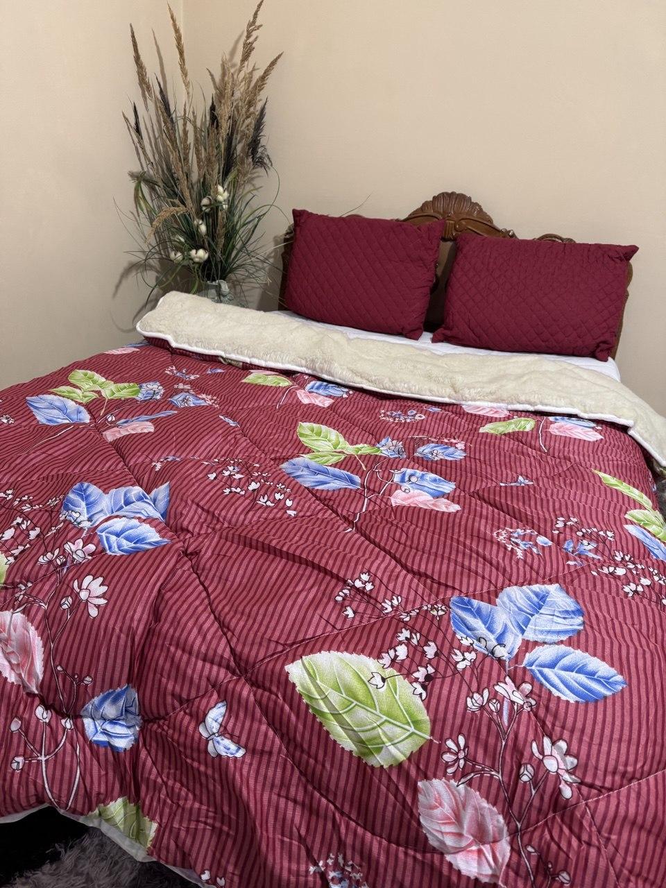 Ковдра зимова двоспальна з відкритим хутром з подушками, фото 1