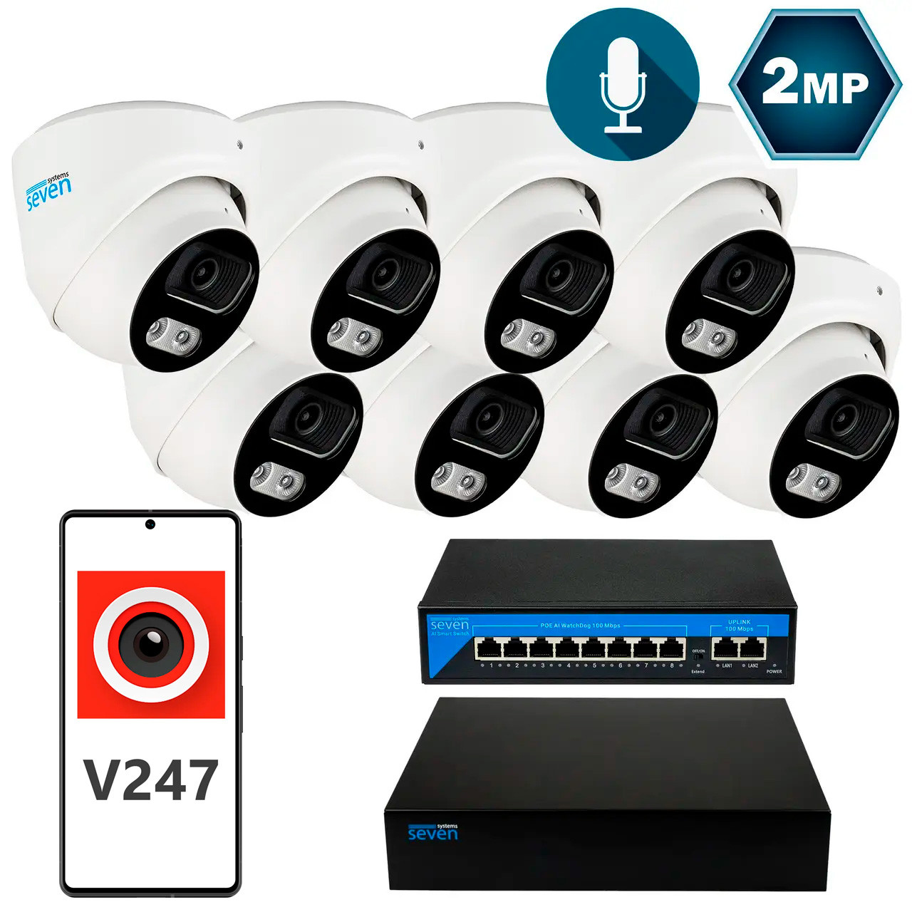 Комплект відеоспостереження на 8 купольних 2 Мп IP-камер SEVEN IP-7212W8-2MP