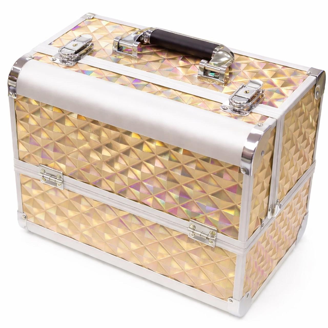 Металева валіза кейс майстра для косметики з полицями, бронзова призма ромб