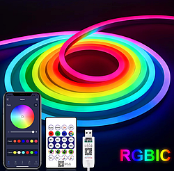 LED стрічка неонова USB RGB 5V, IP 65, 5м, з Bluetooth та пультом (чорний), датчиком звуку