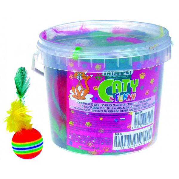 Іграшка для котів TETRAPET, м'ячик різнокольоровий, з пір'ям, 3-7 см 18 шт/уп - відро, фото 1