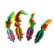 Іграшка для котів TETRAPET, мотузкова мишка з кольоровим пір'ям, 5 см