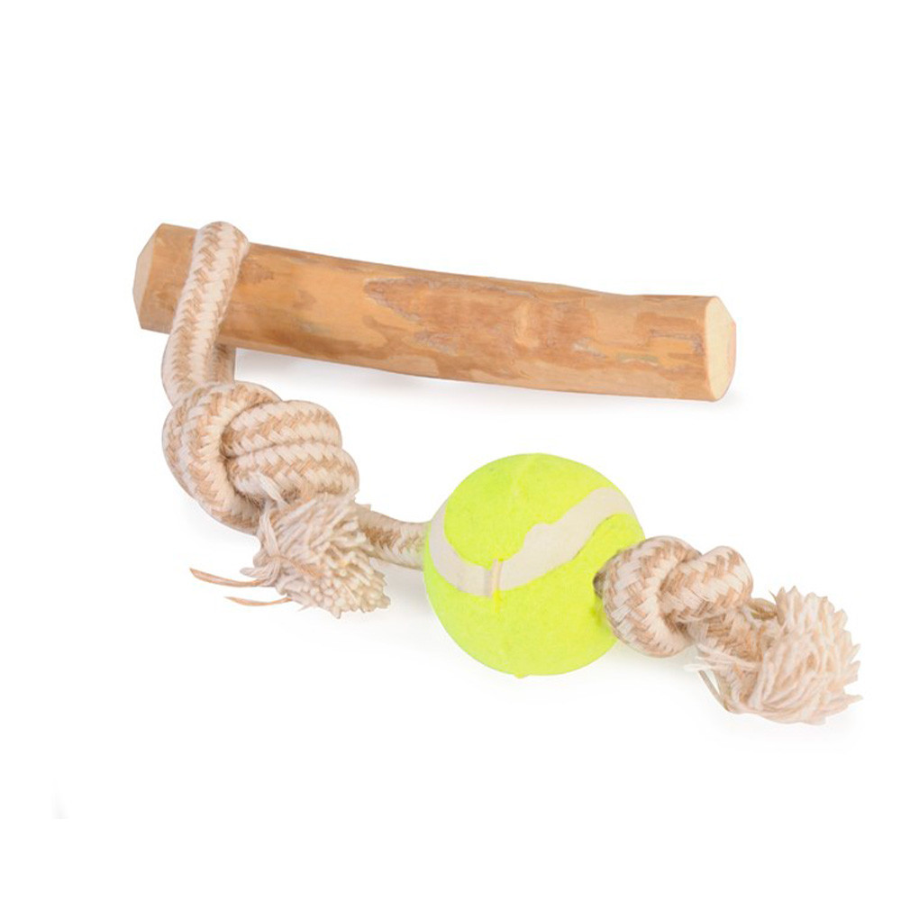 Іграшка для собак CAMON паличка з кавового дерева на мотузці з тенісним м'ячем, 34 см, d.2/3см,*12/15 см, фото 1