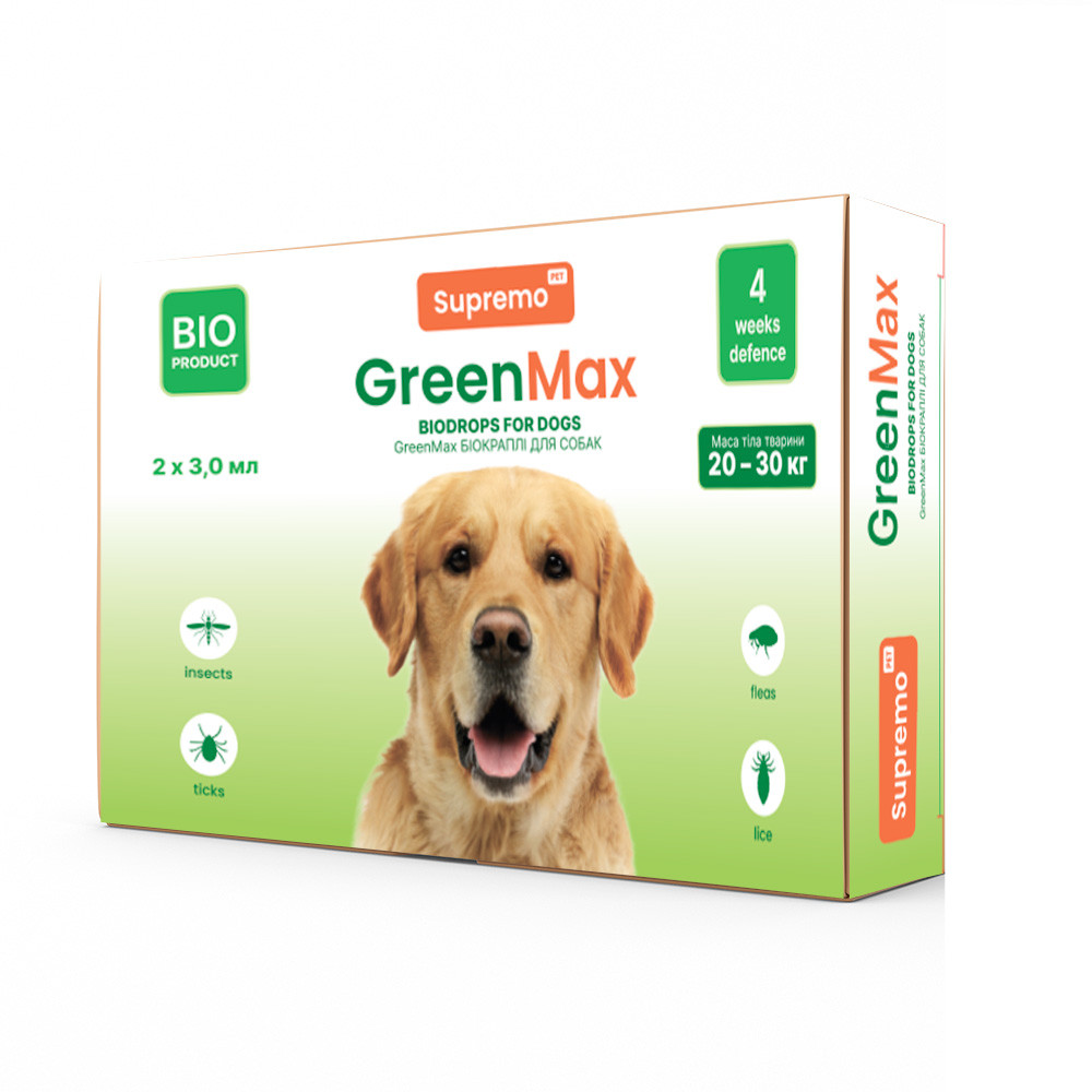Краплі SUPREMO GREENMAX БІО для собак, вагою 20-30 кг, 3,0 мл - 2 шт./кор. профілактика від паразитів до 4 тиж. 10шт/уп, фото 1