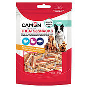Ласощі для собак CAMON м'ясні шматочки з курки, качки та тріски, 80 гр, 3*1 см