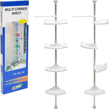 Кутова полиця у ванну без свердління на телескопічній трубці з 4 кутовими полицями та тримачем для рушників