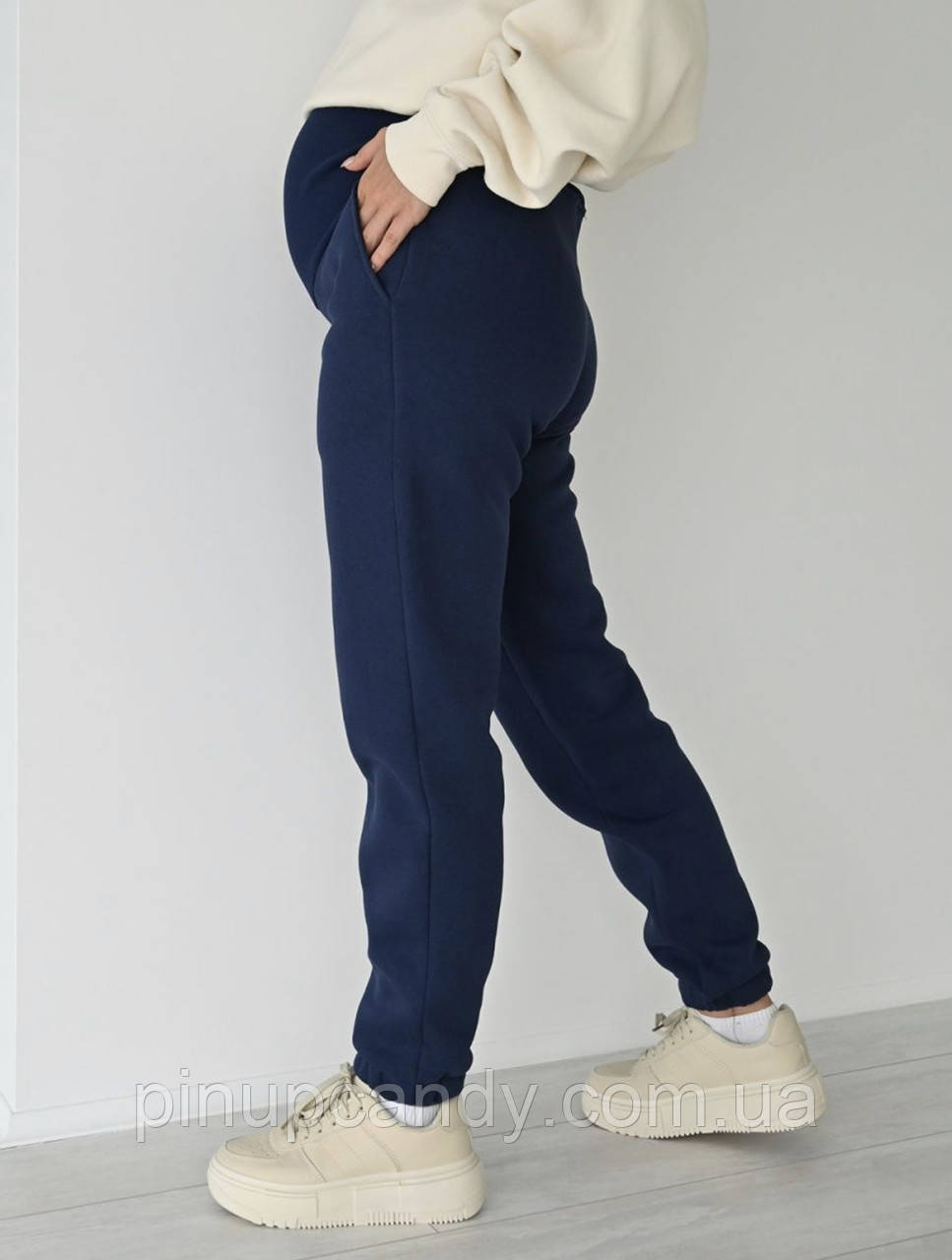Брюки джогери утеплені для вагітних бавовняні на флісі Kate (розміри: 42-56) темно-сині, фото 1