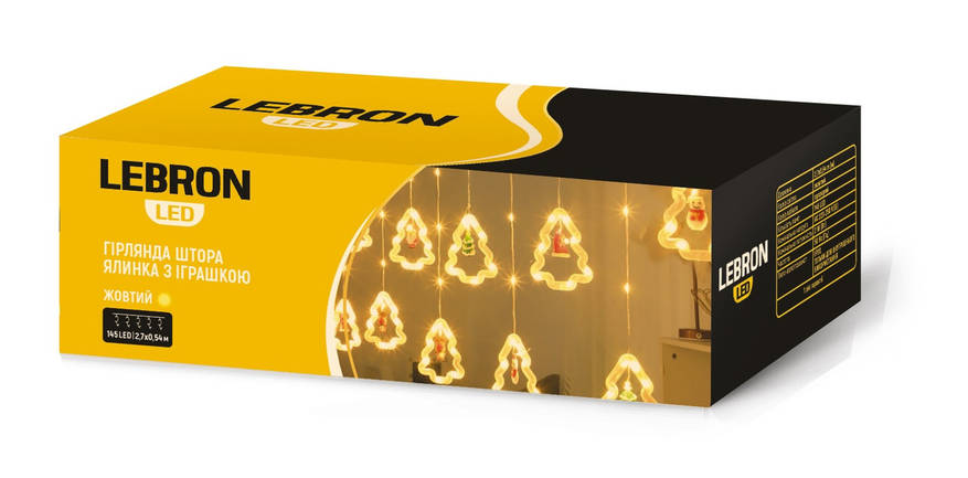LED гірлянда LEBRON штора 2,7х0,54м, ялинка з іграшкою 145LED, жовта, IP20, фото 1