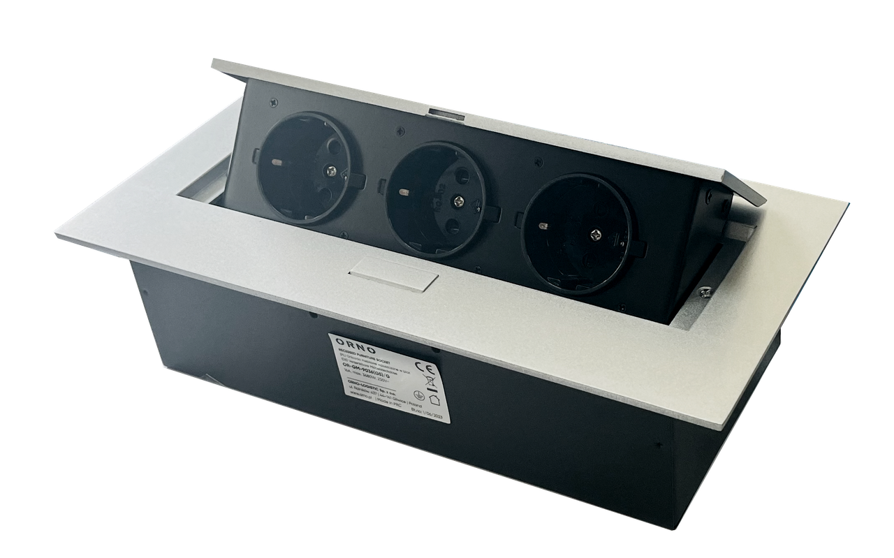 Розетка меблева з/з, 3 гнізда, 16А, врізна, з підйомною кришкою, метал, срібло, ORNO (OR-GM-9036(GS)/G)