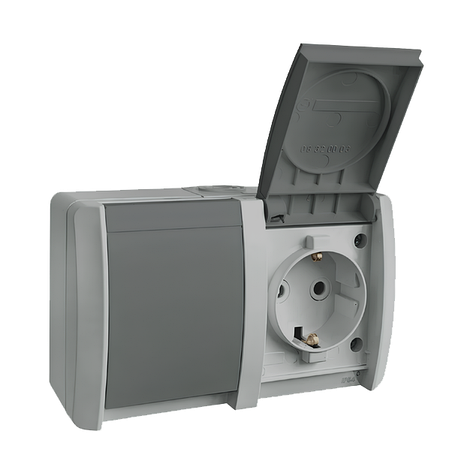 Блок: вимикач 1 кл, розетка з/з, 10А-16А, NORA, Mutlusan, сірий, IP54 (2155 511 0203), фото 1