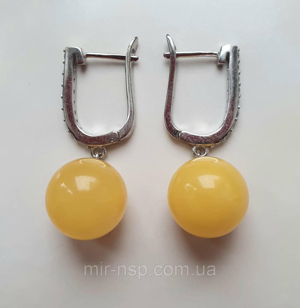 Сережки 100% натуральний бурштин куля 12,7 мм швензи срібло 925 вага 4,6г, фото 1