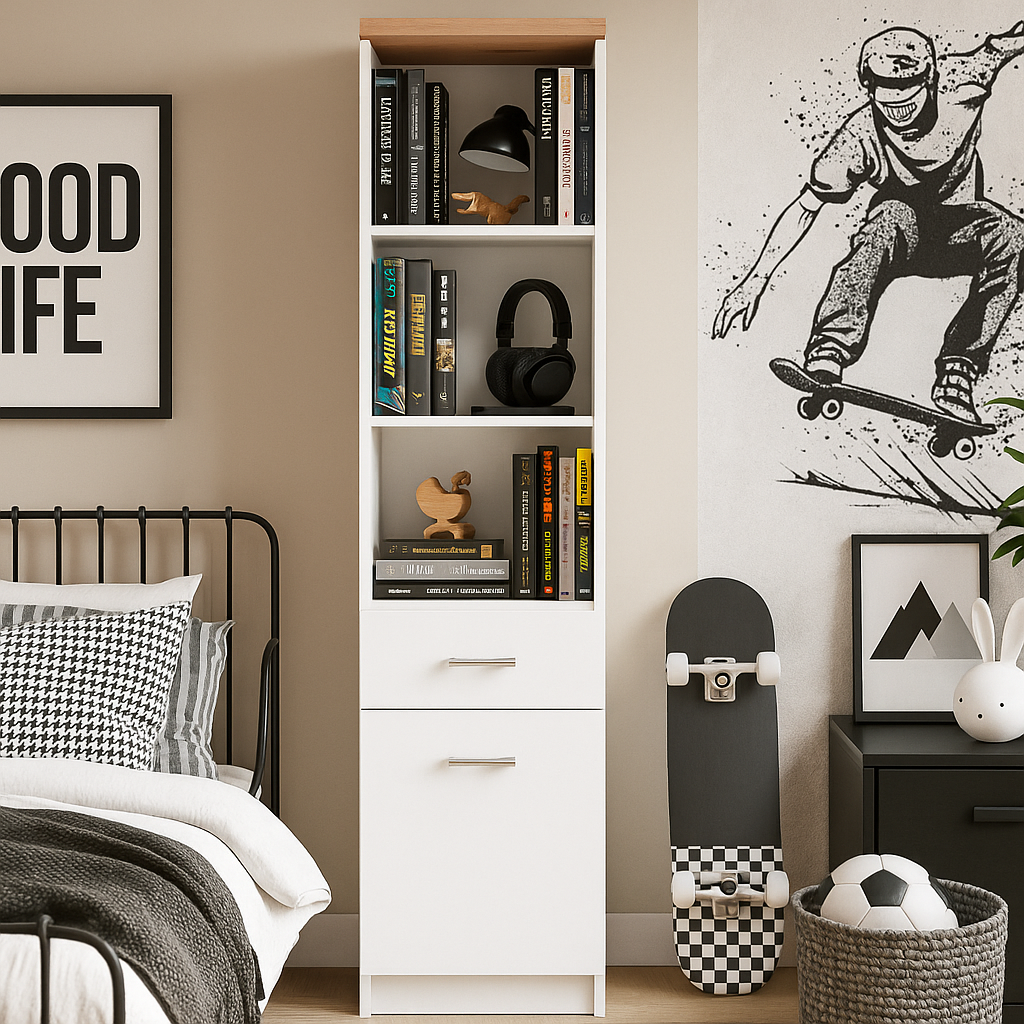 Сучасний підлоговий білий вузький стелаж для книг у вітальню, кімнату з полицями та шухлядою Топ-Мікс ВМВ Холдинг, фото 1