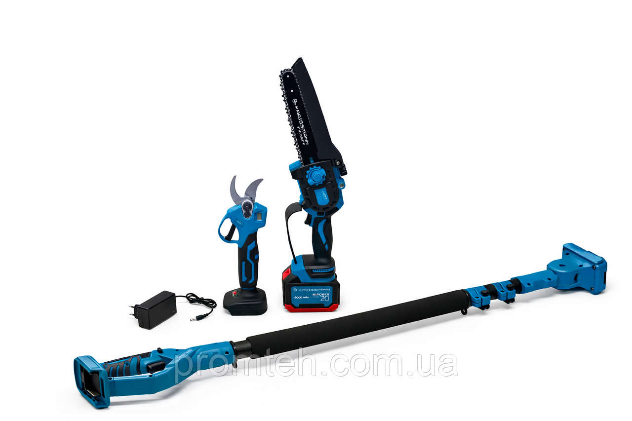 Міні-пила, секатор (25 мм), подовжувач (2.5 м) та акум. 6000 мАг KRAISSMANN, фото 1
