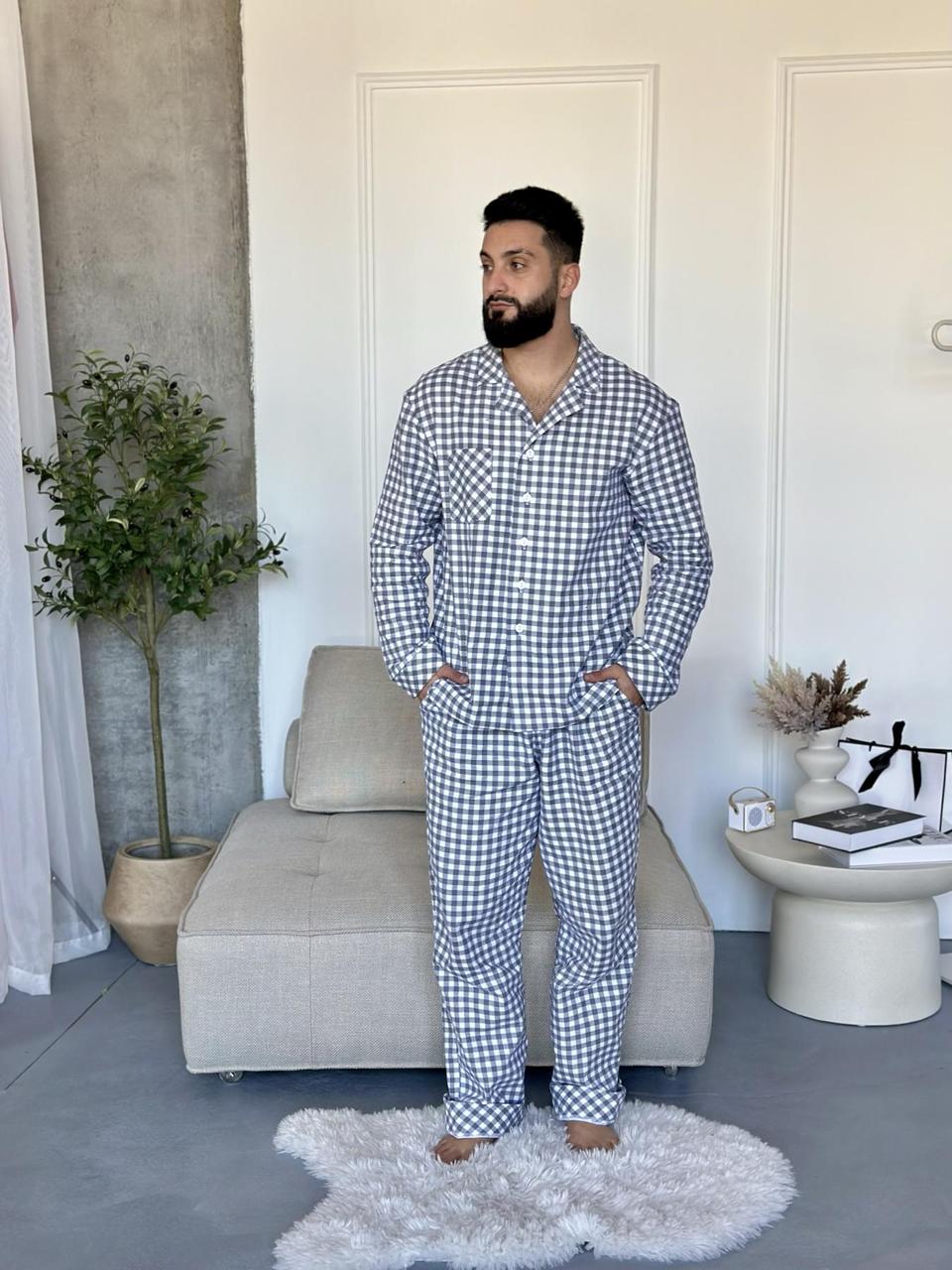 Піжама чоловіча COSY з фланелі (штани+сорочка) «COSY Harmony», клітина сіро-біла, фото 1