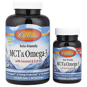 МСТ і Омега-3, MCT & Omega-3, Carlson, 120 гелевих капсул + 30 капсул безкоштовно yY.