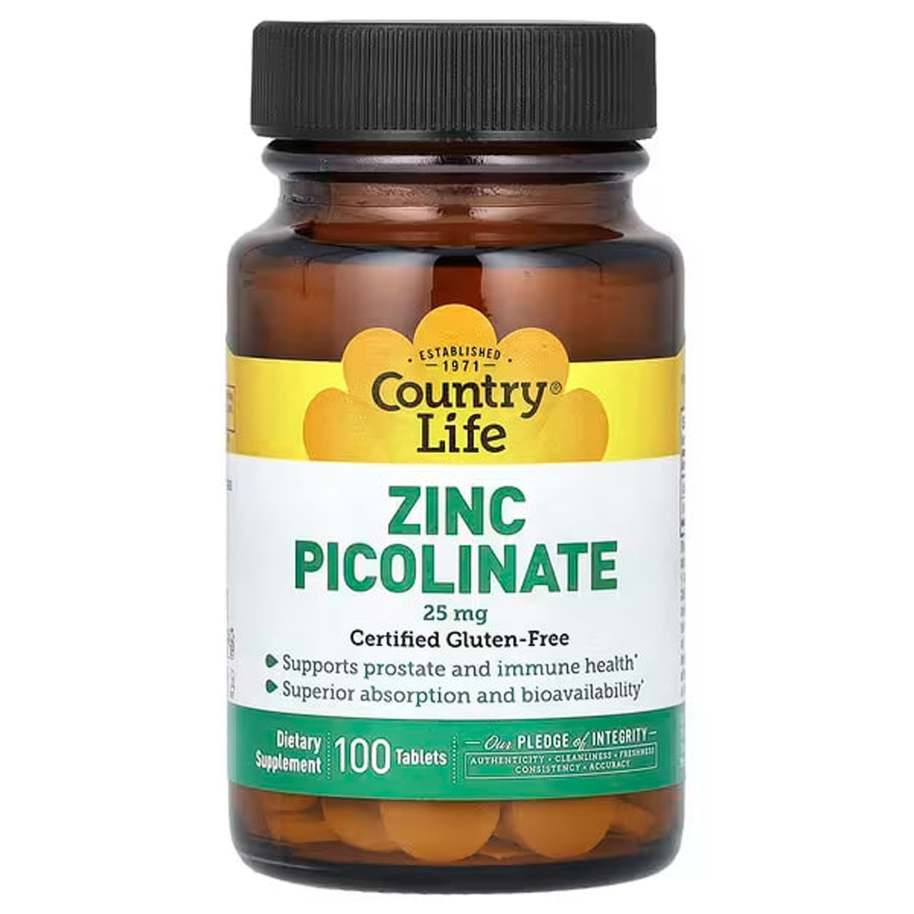 Цинк піколінат, Zinc Picolinate, Country Life, 25 мг, 100 таблеток yY., фото 1