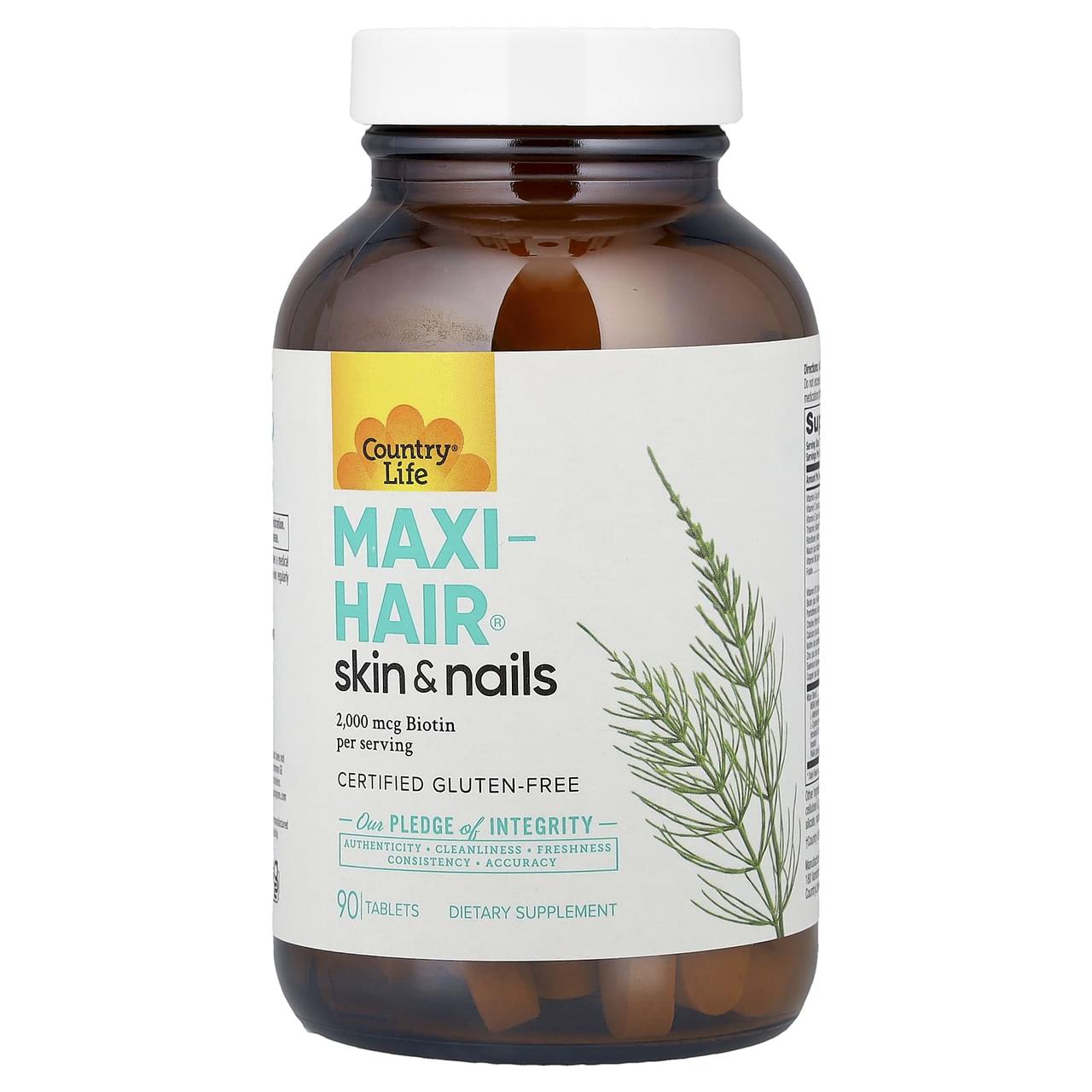 Вітаміни для волосся, шкіри та нігтів, Maxi-Hair®, Skin & Nails, Country Life, без глютена, 90 таблеток yY., фото 1
