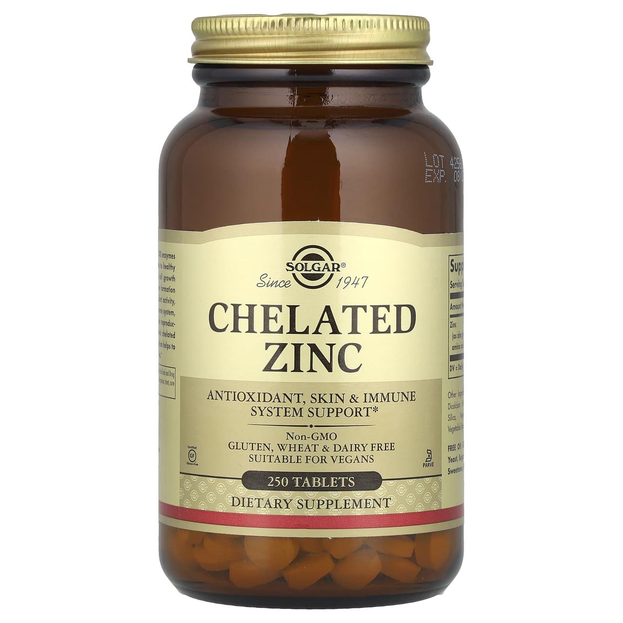 Хелат цинку, Chelated Zinc, Solgar, 250 таблеток yY., фото 1