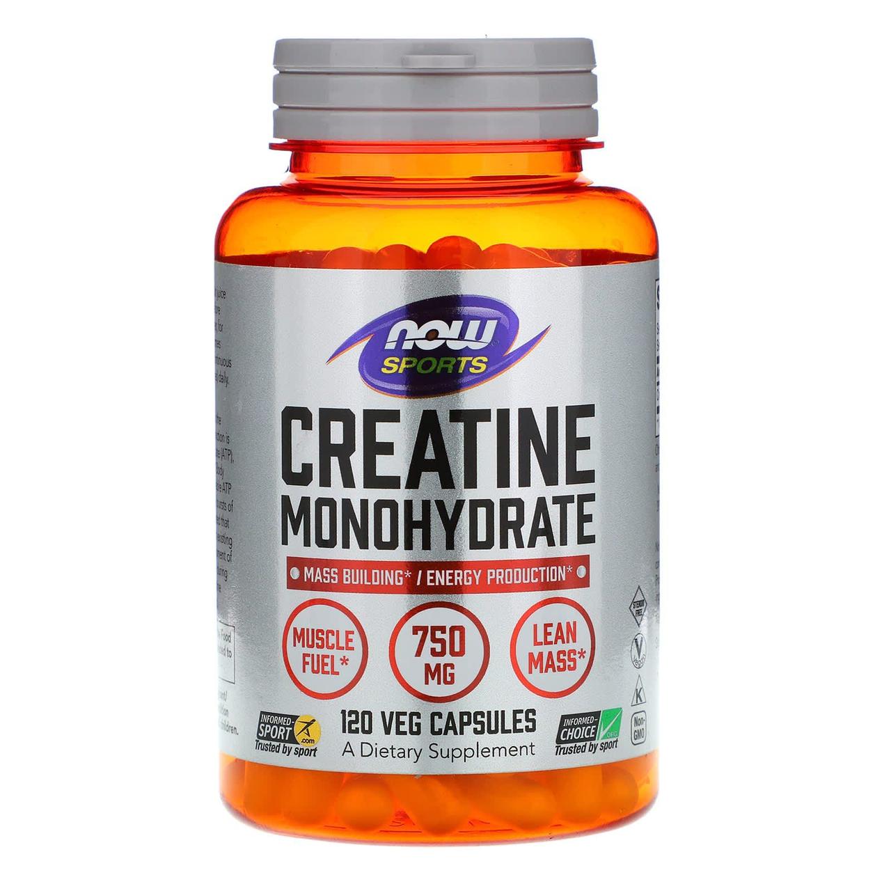 Креатин моногідрат, Creatine Monohydrate, Now Foods, Sports, 750 мг, 120 вегетаріанських капсул yY., фото 1