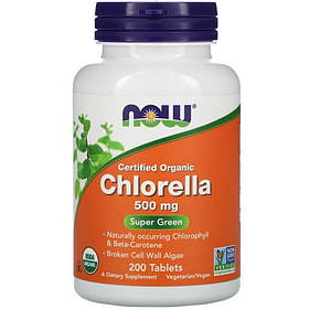 Хлорела, Chlorella, NOW Foods, сертифікована, органічна, 500 мг, 200 таблеток yY.