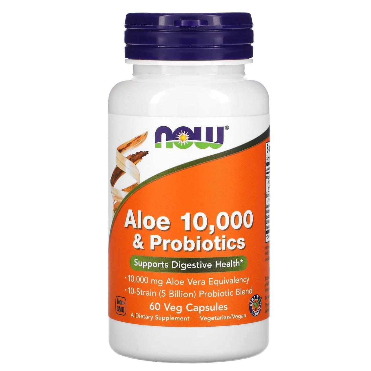 Алое вера 10000 і пробіотики, Aloe & Probiotics, Now Foods, 60 вегетатаріанських капсул yY., фото 1
