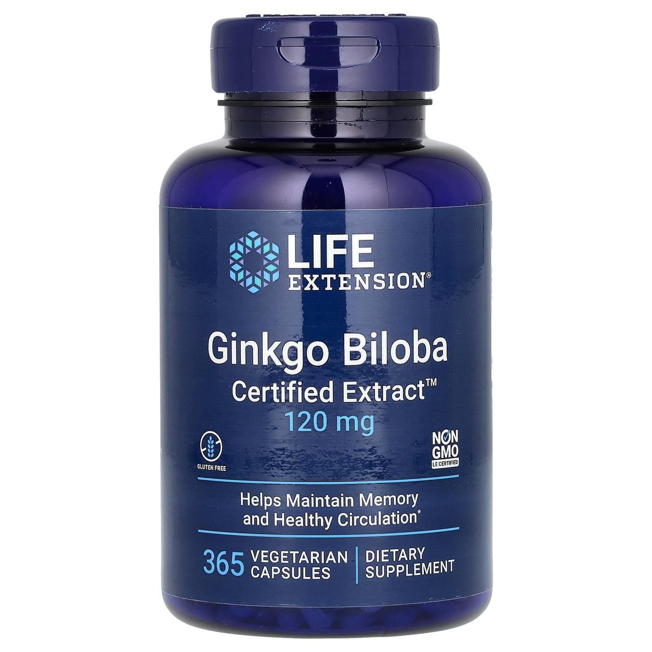 Гінкго Білоба, Ginkgo Biloba, Life Extension, сертифікований екстракт, 120 мг, 365 вегетаріанських капсул yY., фото 1