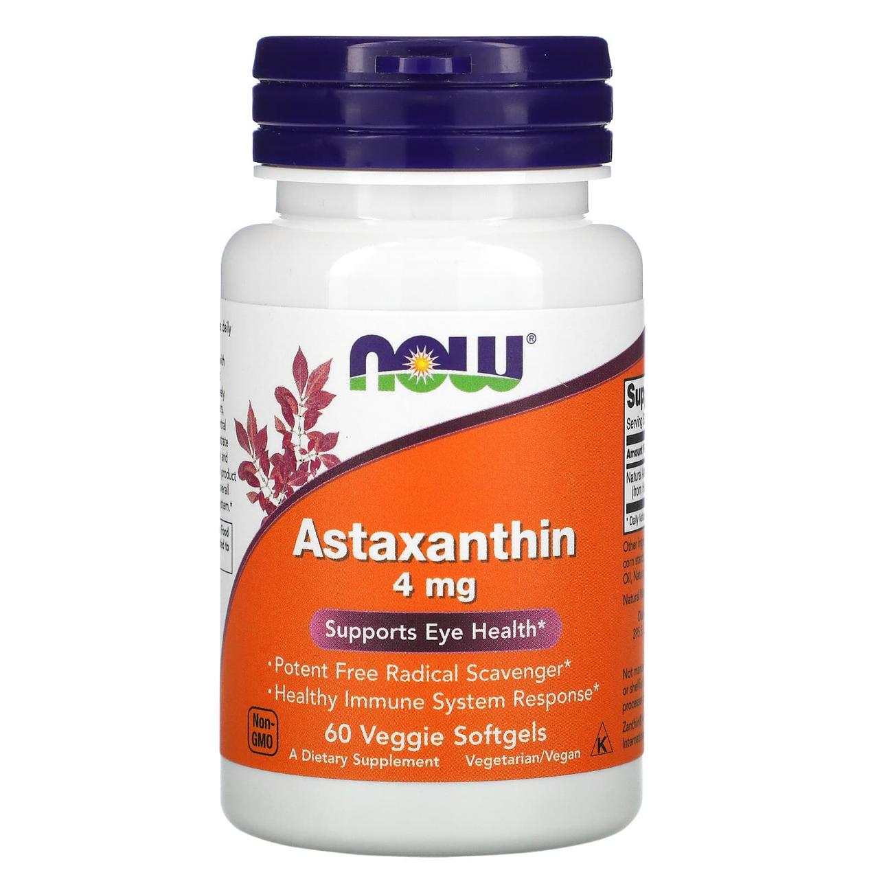 Астаксантин, Astaxanthin, NOW Foods, 4 мг, 60 вегетаріанських гелевих капсул yY., фото 1