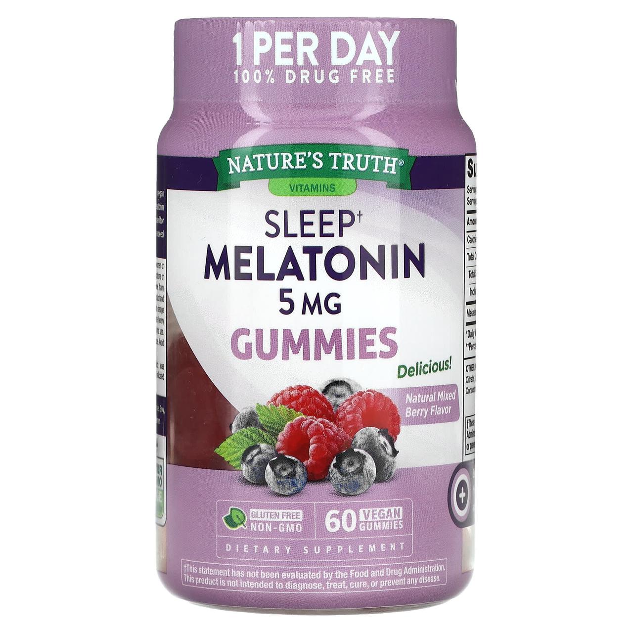 Мелатонін для сну, Sleep Melatonin, Nature's Truth, смак ягідної суміші, 5 мг, 60 веганських жувальних цукерок yY., фото 1