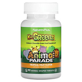 Суперфуд для дітей, Kid Greenz, Nature's Plus, Animal Parade, смак тропічних фруктів, 90 жувальних таблеток у формі тварин yY.