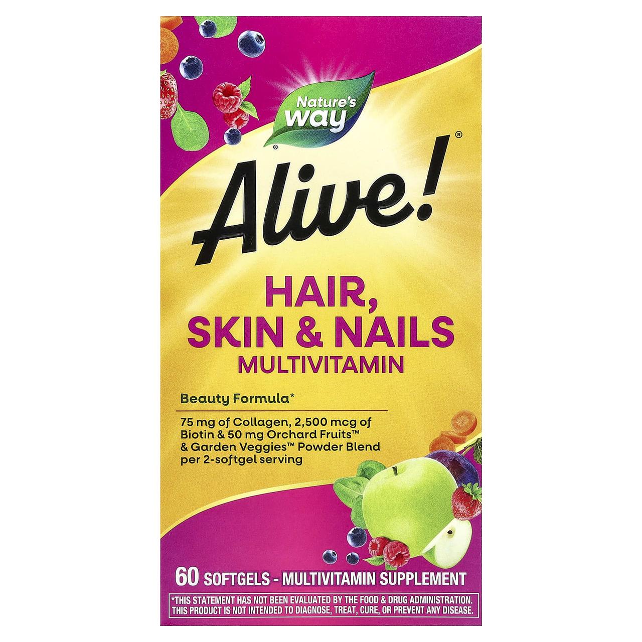 Мультивітаміни для волосся, шкіри і нігтів, Hair, Skin & Nails Multi-Vitamin, Nature's Way, Alive!, 60 гелевих капсул yY., фото 1