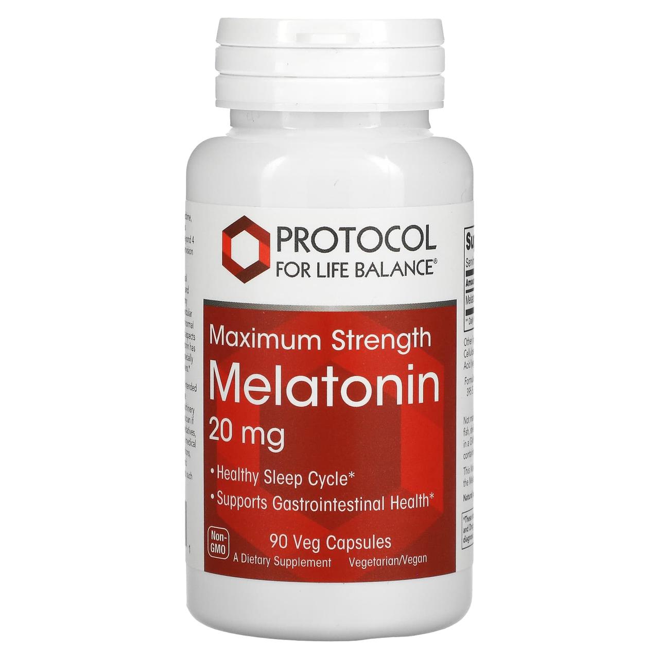 Мелатонін, Melatonin, Protocol for Life Balance, максимальна сила, 20 мг, 90 рослинних капсул yY., фото 1