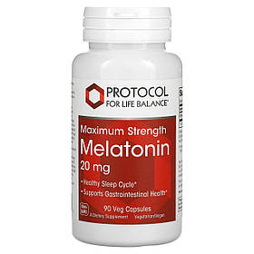 Мелатонін, Melatonin, Protocol for Life Balance, максимальна сила, 20 мг, 90 рослинних капсул yY.