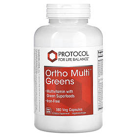 Мультивітаміни та Суперфуд, Ortho Multi Greens, Protocol for Life Balance, 180 рослинних капсул yY.