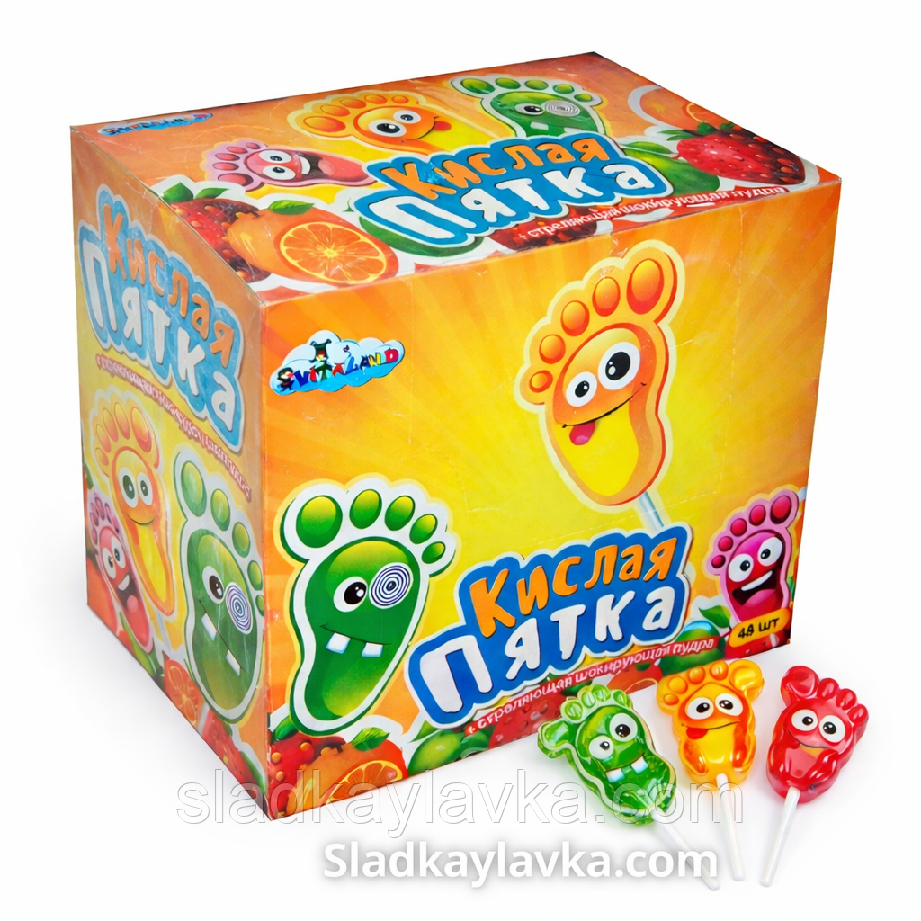 Льодяники на паличці «Кисла П’ятка» з шипучою пудрою 48 шт (Vitaland), фото 1