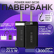 Повербанк для роутеру Power Way QC30 30000mAh 22.5W комплект живлення Powerbank + 2 шт юсб шнур для вай фай роутера 9/12V- Чорний