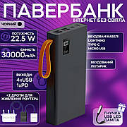 Повербанк для роутеру POWER WAY QC30S 30000 mAh 22.5W комплект Power bank + 2 шт юсб шнура для вай фай роутеру 5-9/12V - Чорний