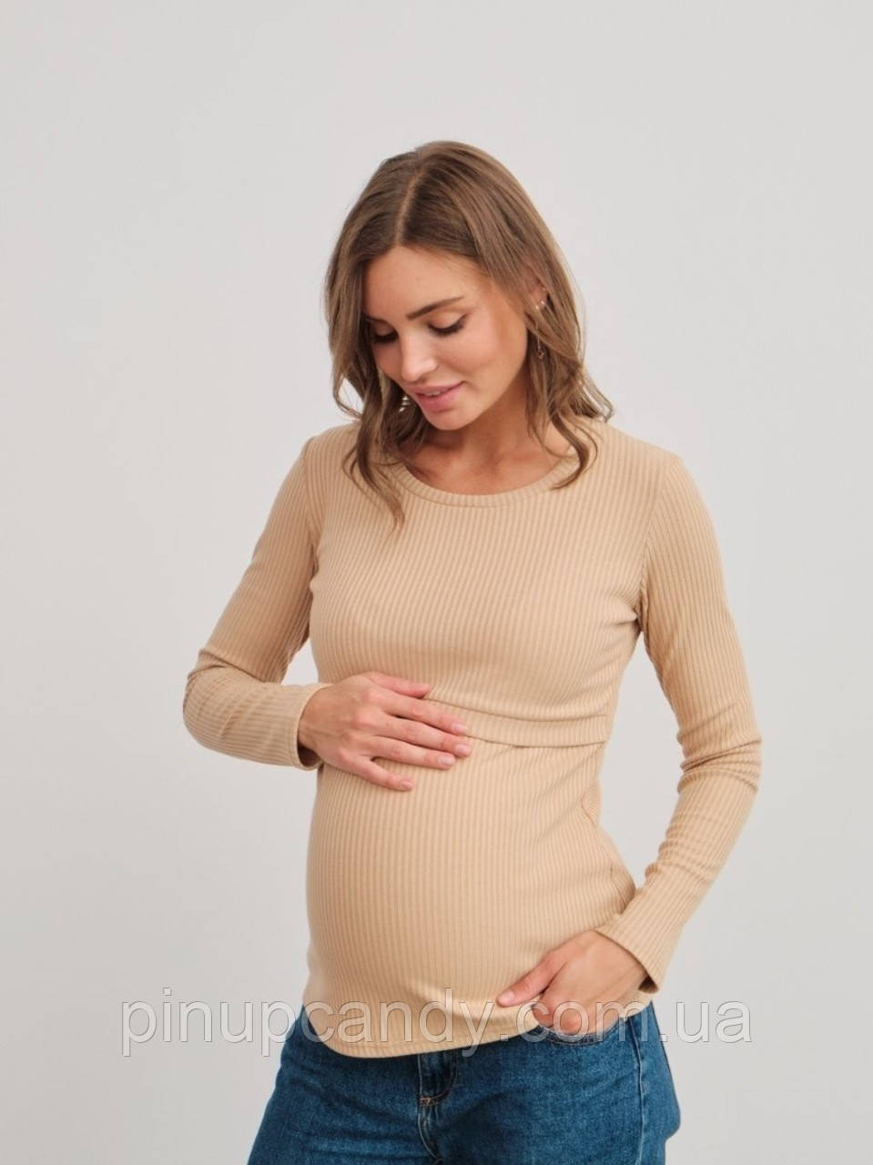 Лонгслів трикотажний для вагітних і годуючих мам рубчик (розміри: 42-56) бежевий, фото 1