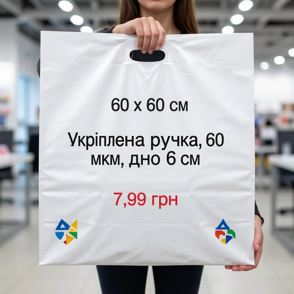 Пакет 60*60 см з укріпленою ручкою типу 'банан', товщина 60 мкр, дно 6 см, білий, активований для друку, без малюнка, фото 1