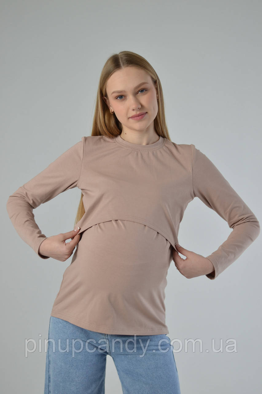 Лонгслів з мʼякоі бавовни для вагітних з секретиком для годування (розміри: XS-XL) кава, фото 1