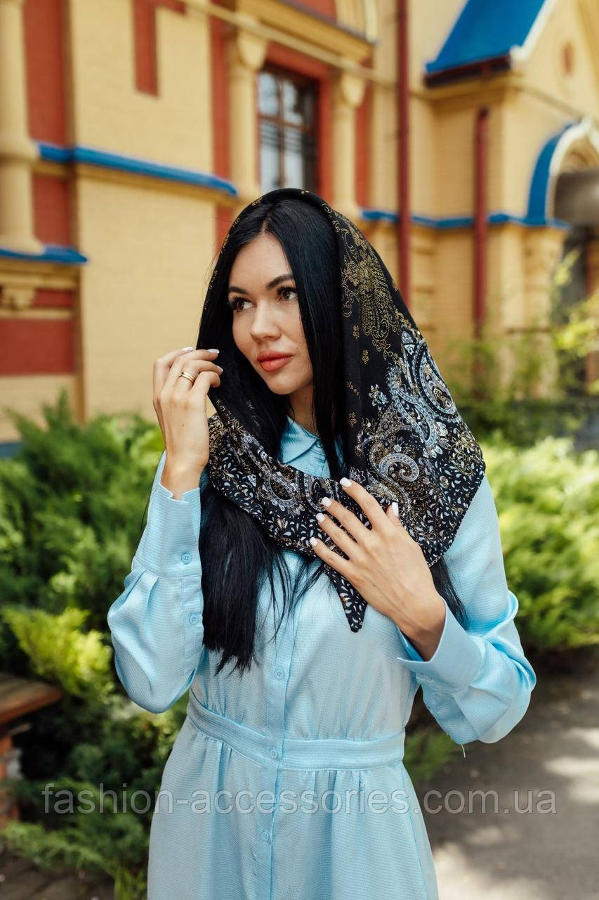 Хустка жіноча в церкву красива православна LEONORA чорна з окантовкою в візерунки, фото 1