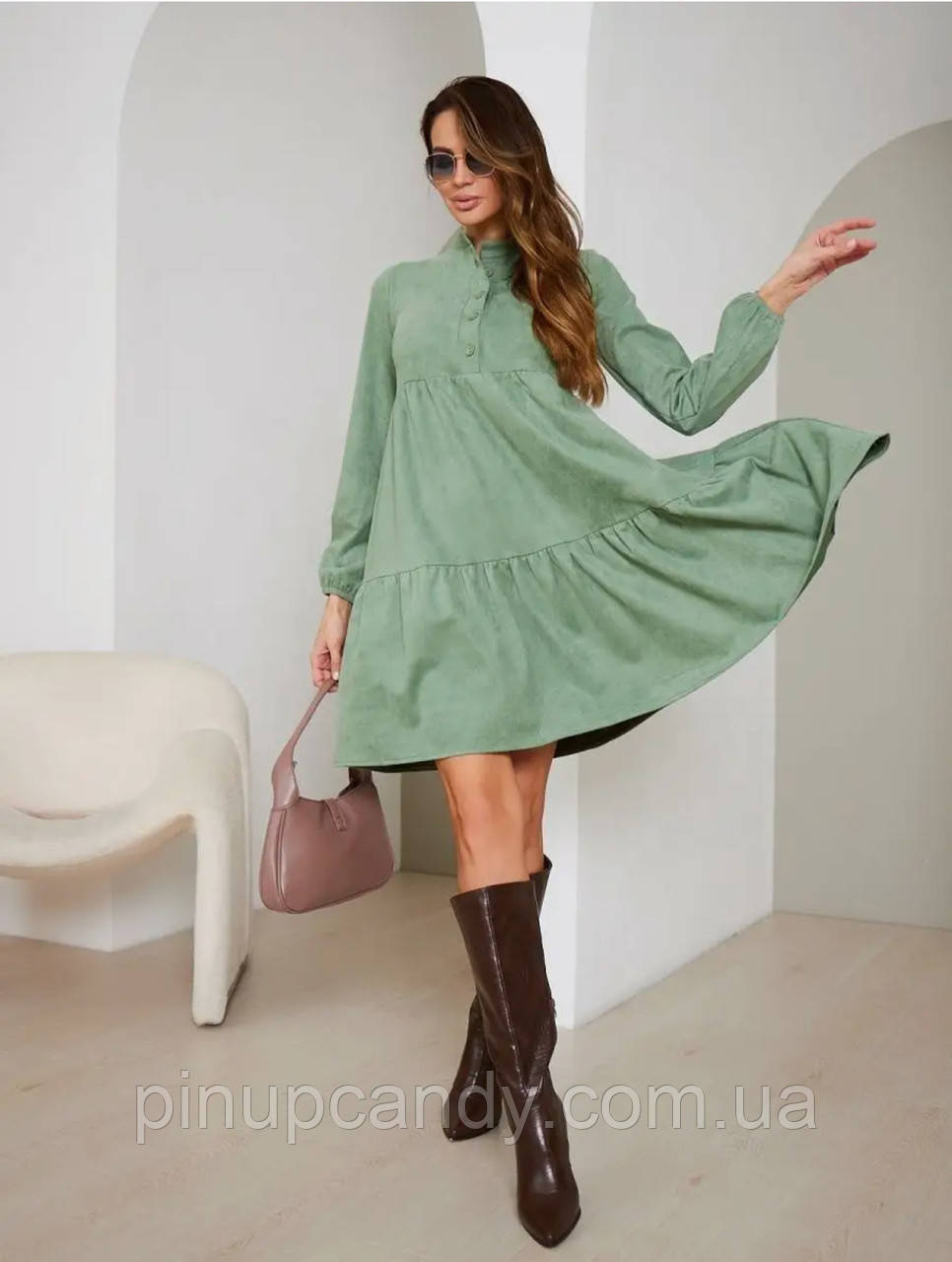 Плаття для вагітних і годувальниць із м'якого вельвету вільного крою (розміри: 42-54) фісташка зелена, фото 1