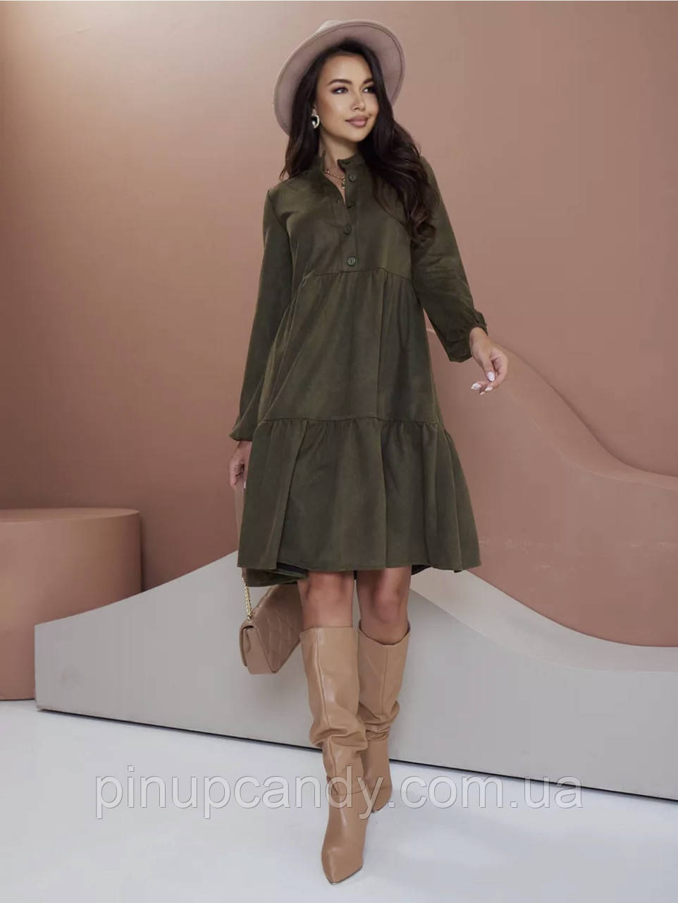 Плаття для вагітних і годувальниць із м'якого вельвету вільного крою (розміри: 42-54) олива зелений, фото 1