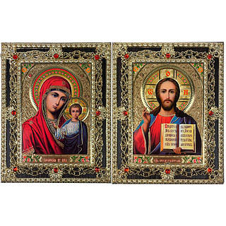 Пара ікон Спаситель та Богородиця Казанська декоративному окладі 11.5х15 см кольорові