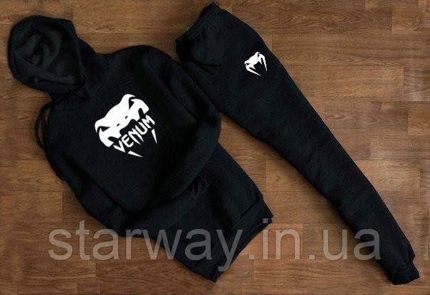 Трикотажний чорний спортивний костюм Venum з капюшоном | white logo