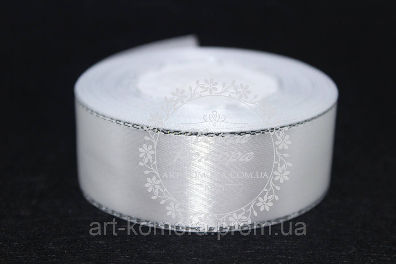 Атласна стрічка біла з срібним люрексом, 2,5см